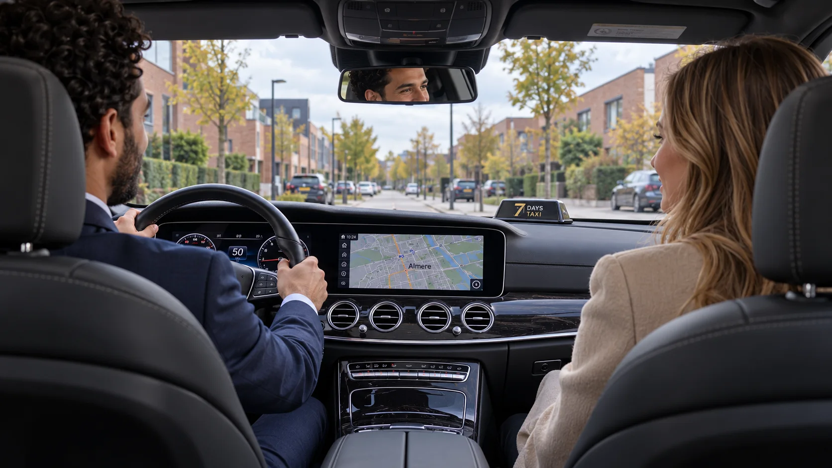 Het interieur van een taxi tijdens een rit